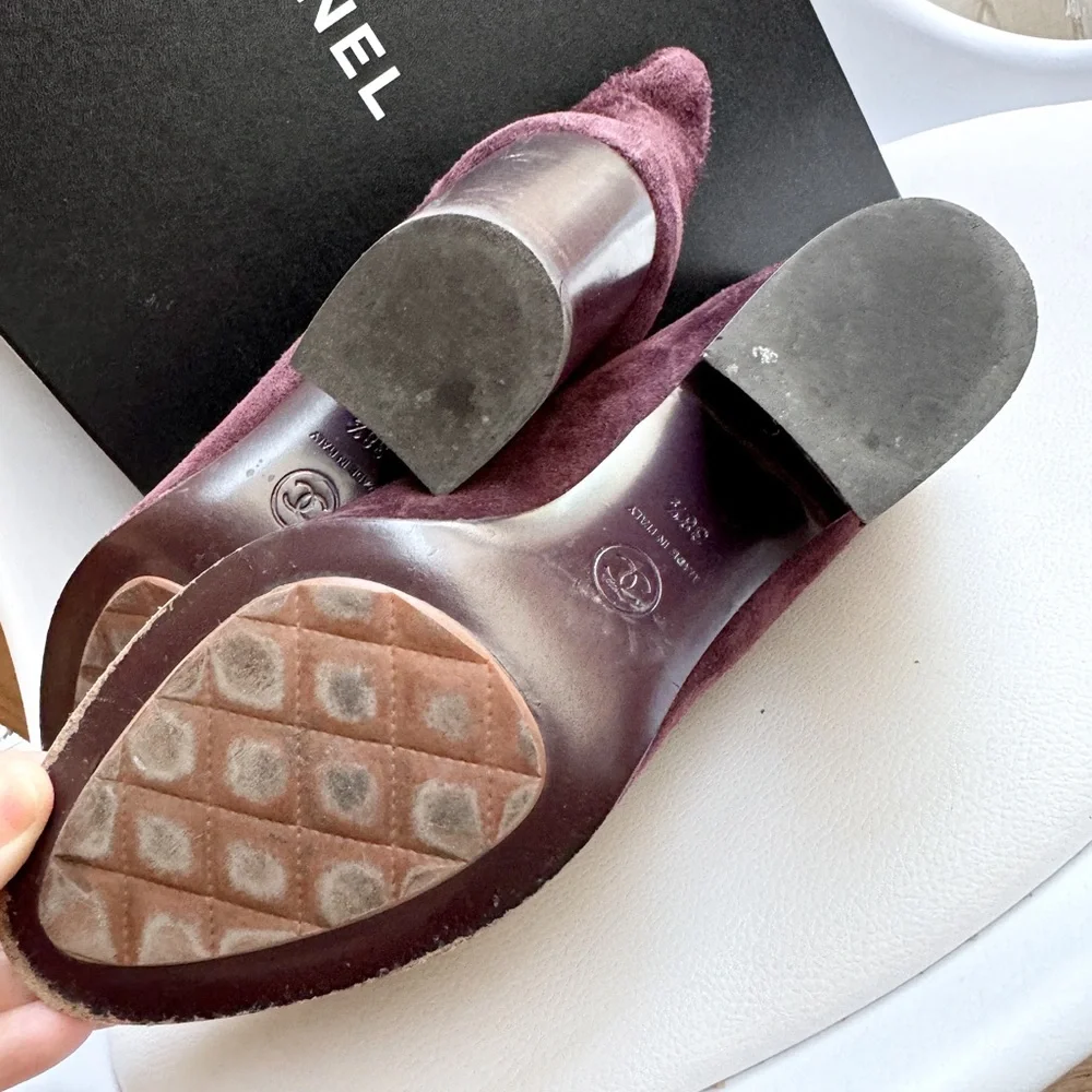 Chanel Burgundy Suede Ankle Boots with Gold CC